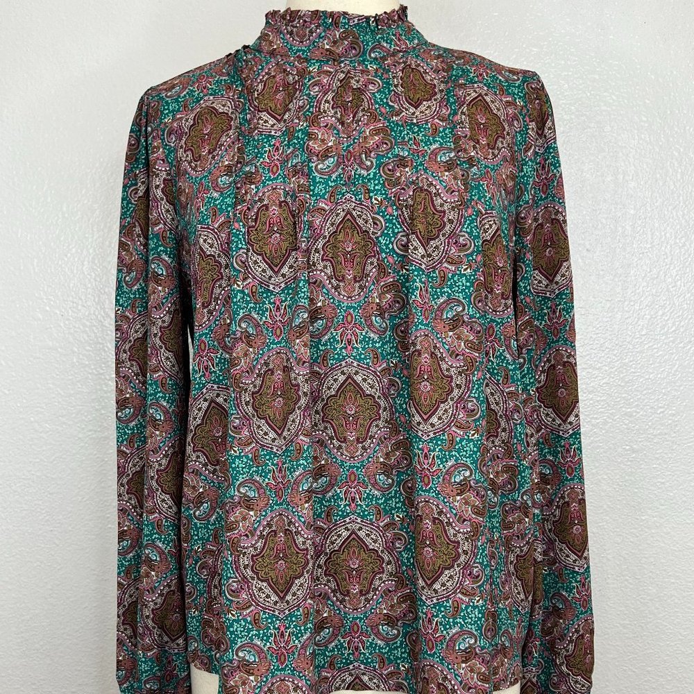 NWOT Joie Paisley Print Pleated Ruffled Boho‎ Chic Blouse Size Large